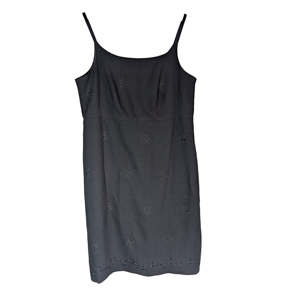 Vintage GAP 90s Black Floral Embroidered Slip Dress Womens Size 10 Square Neck